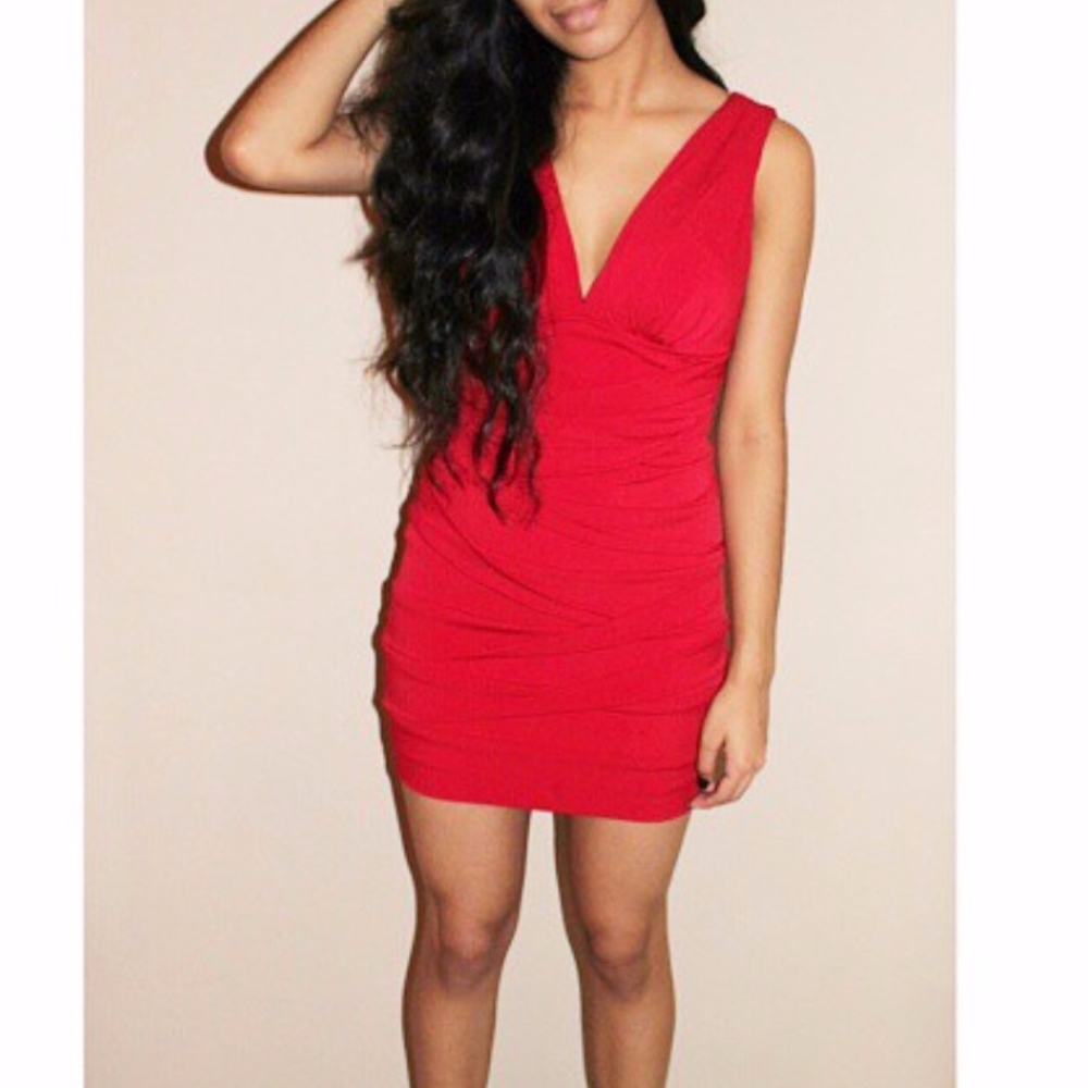 Red Ruched Plunge Neck Dress